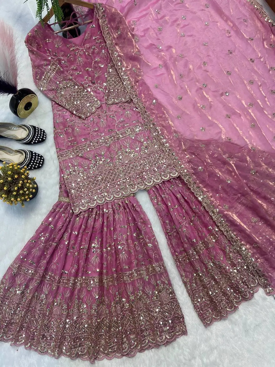 Crushed Silk Sharara Set With Sequin Embroidery