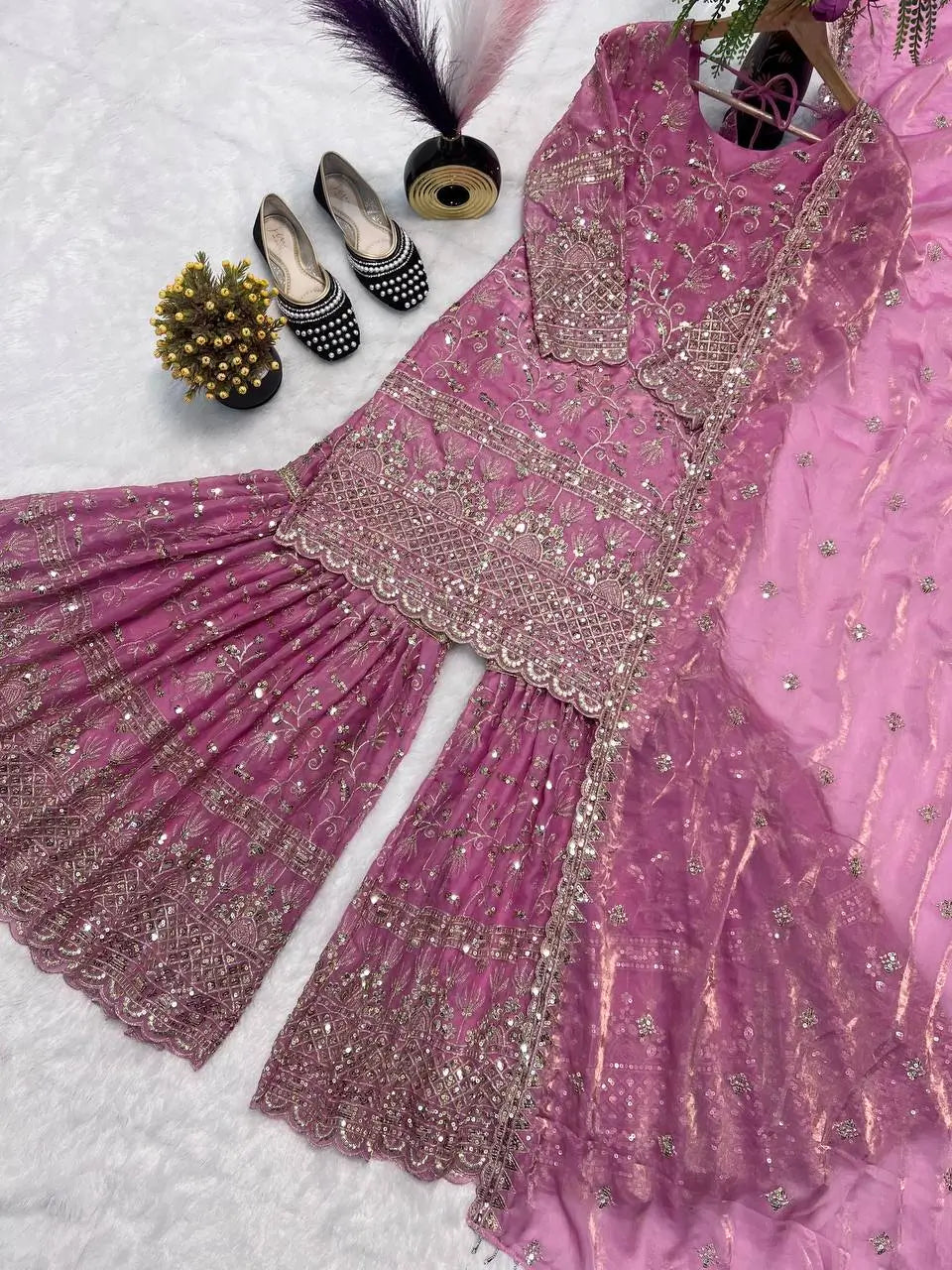 Crushed Silk Sharara Set With Sequin Embroidery