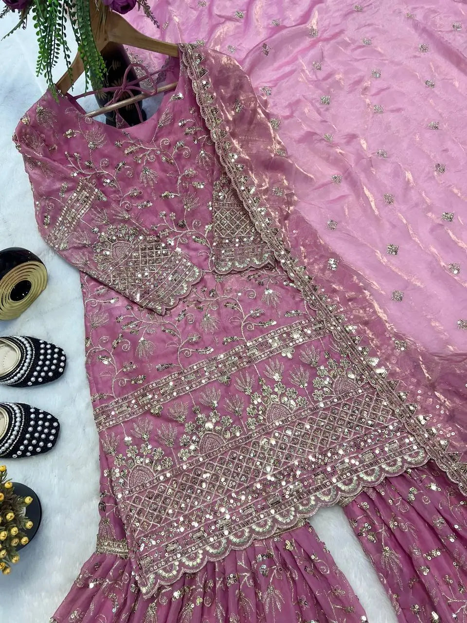 Crushed Silk Sharara Set With Sequin Embroidery