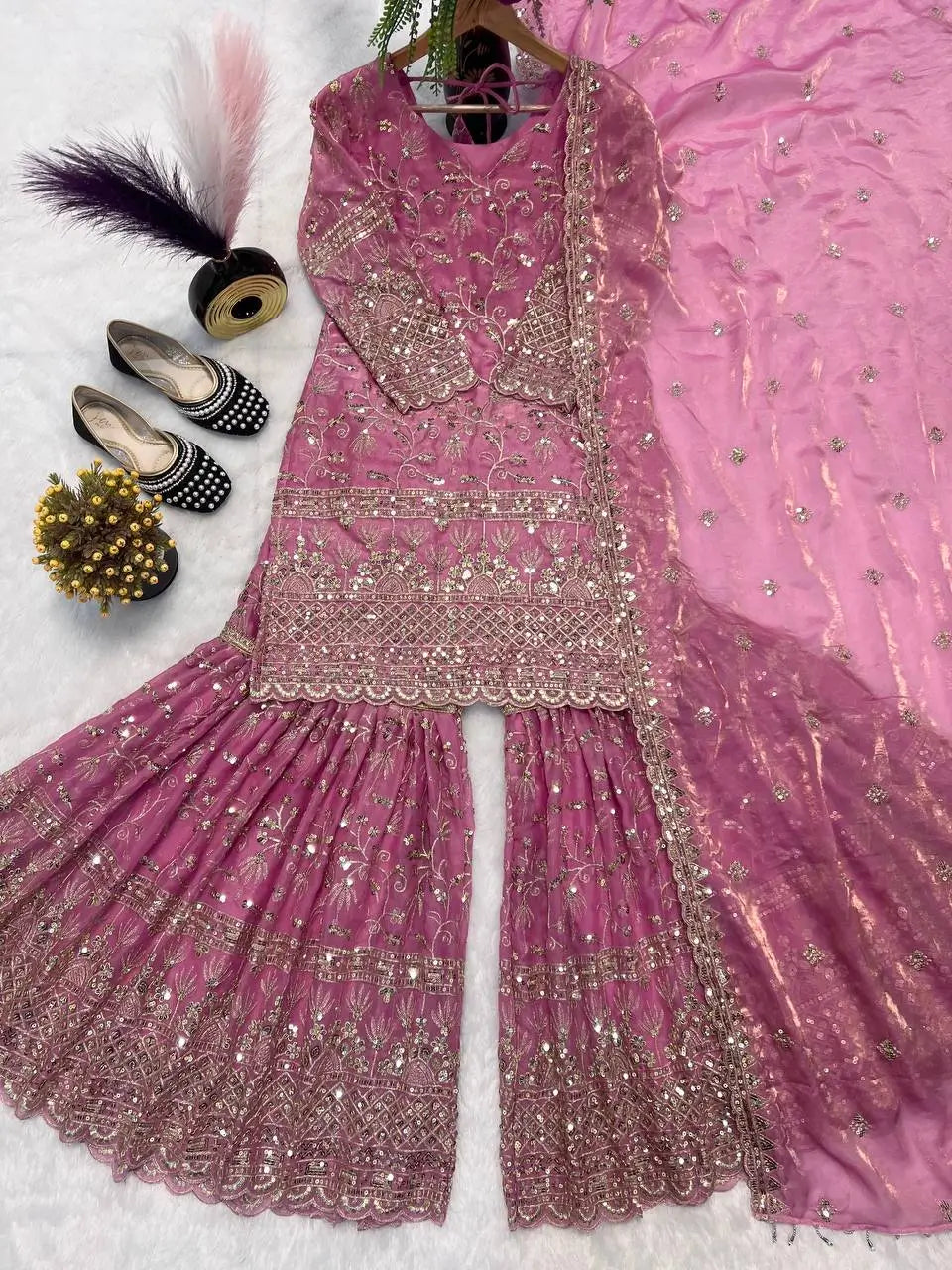 Crushed Silk Sharara Set With Sequin Embroidery