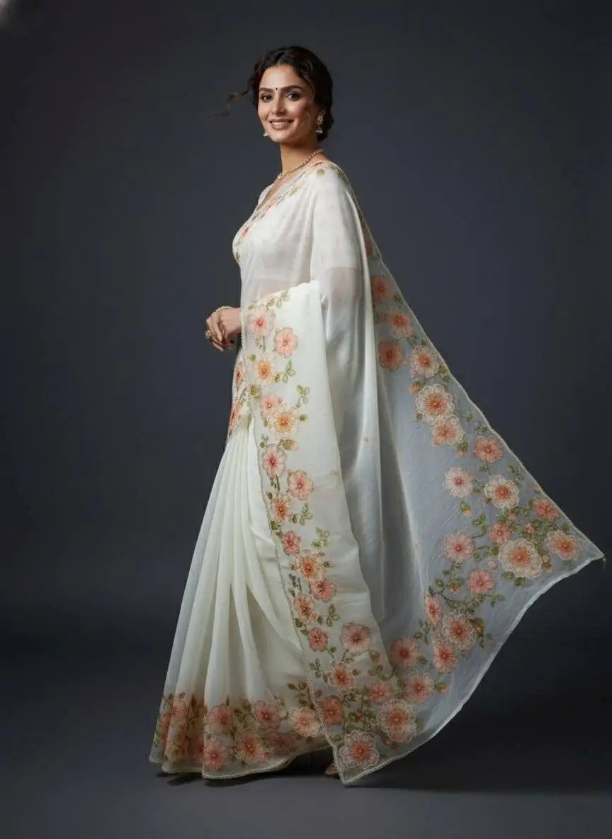 Crystal Organza Floral Embroidered Saree for Wedding and Festive Wear