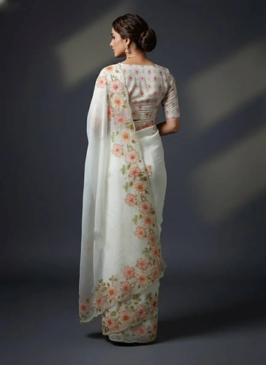 Crystal Organza Floral Embroidered Saree for Wedding and Festive Wear