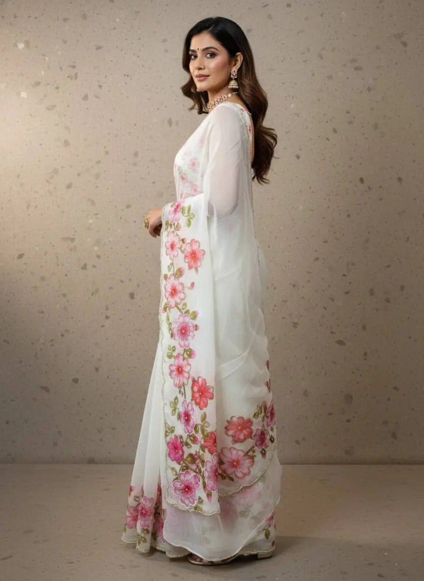 Crystal Organza Floral Embroidered Saree for Wedding and Festive Wear