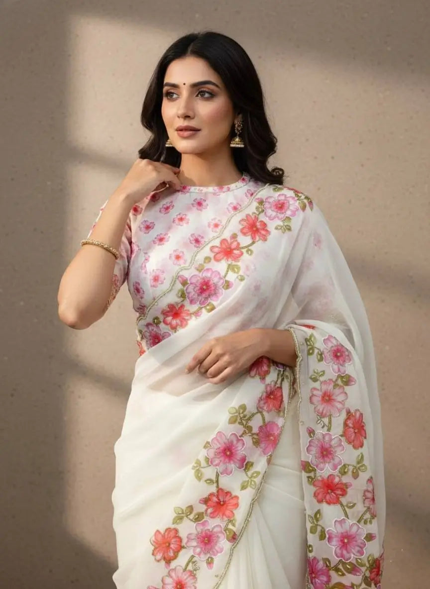 Crystal Organza Floral Embroidered Saree for Wedding and Festive Wear