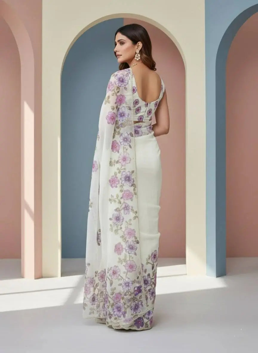 Crystal Organza Floral Embroidered Saree for Wedding and Festive Wear
