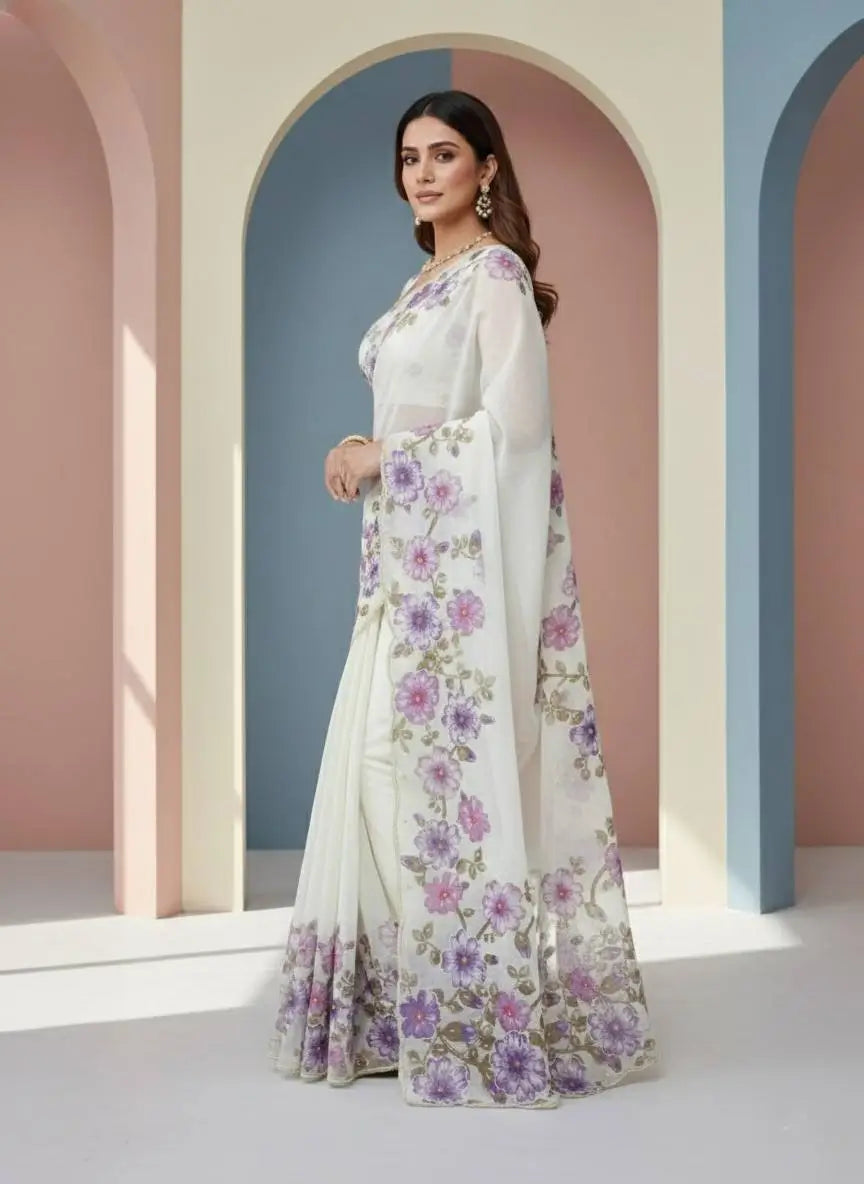 Crystal Organza Floral Embroidered Saree for Wedding and Festive Wear
