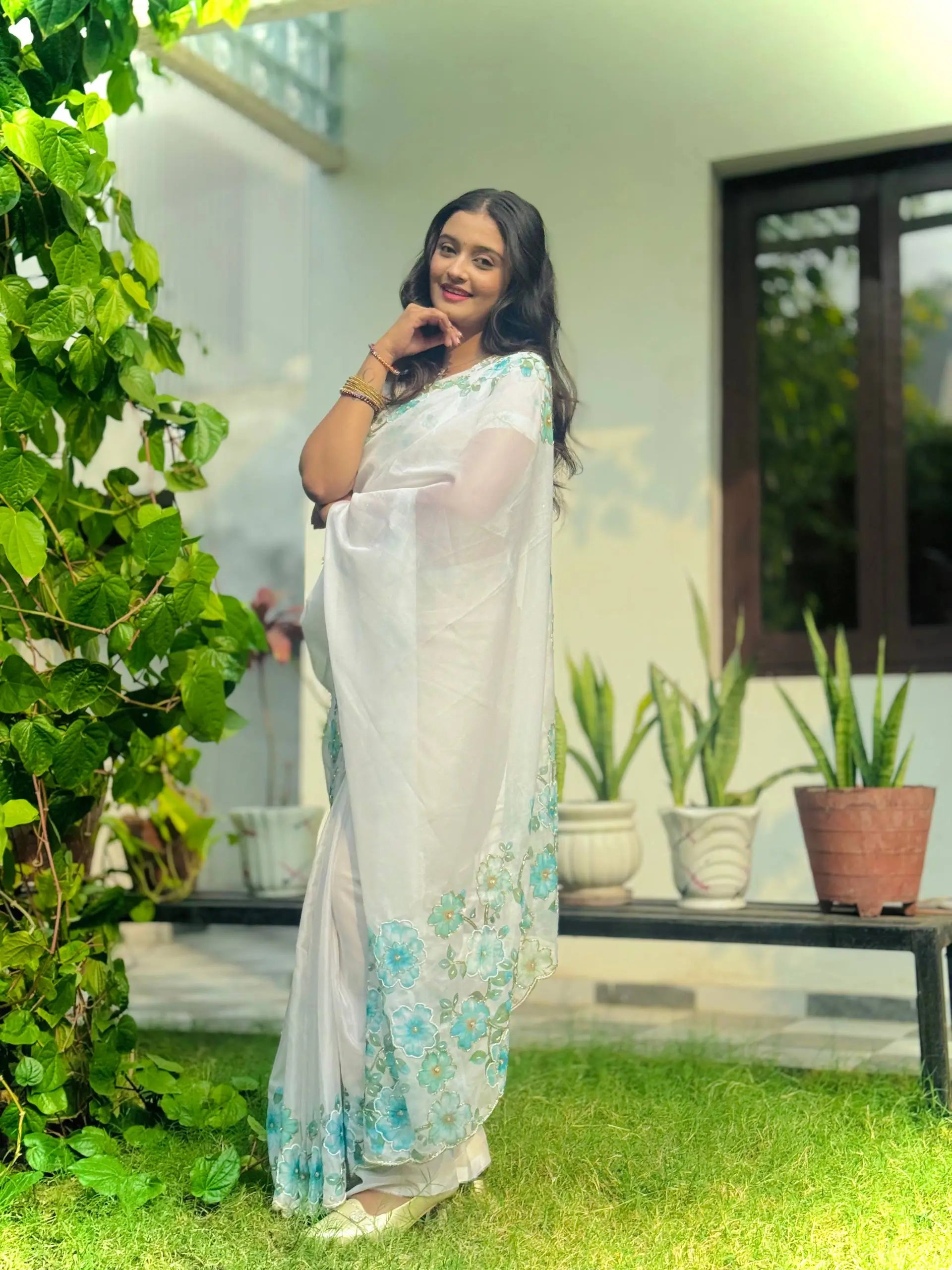 Crystal Organza Floral Embroidered Saree for Wedding and Festive Wear