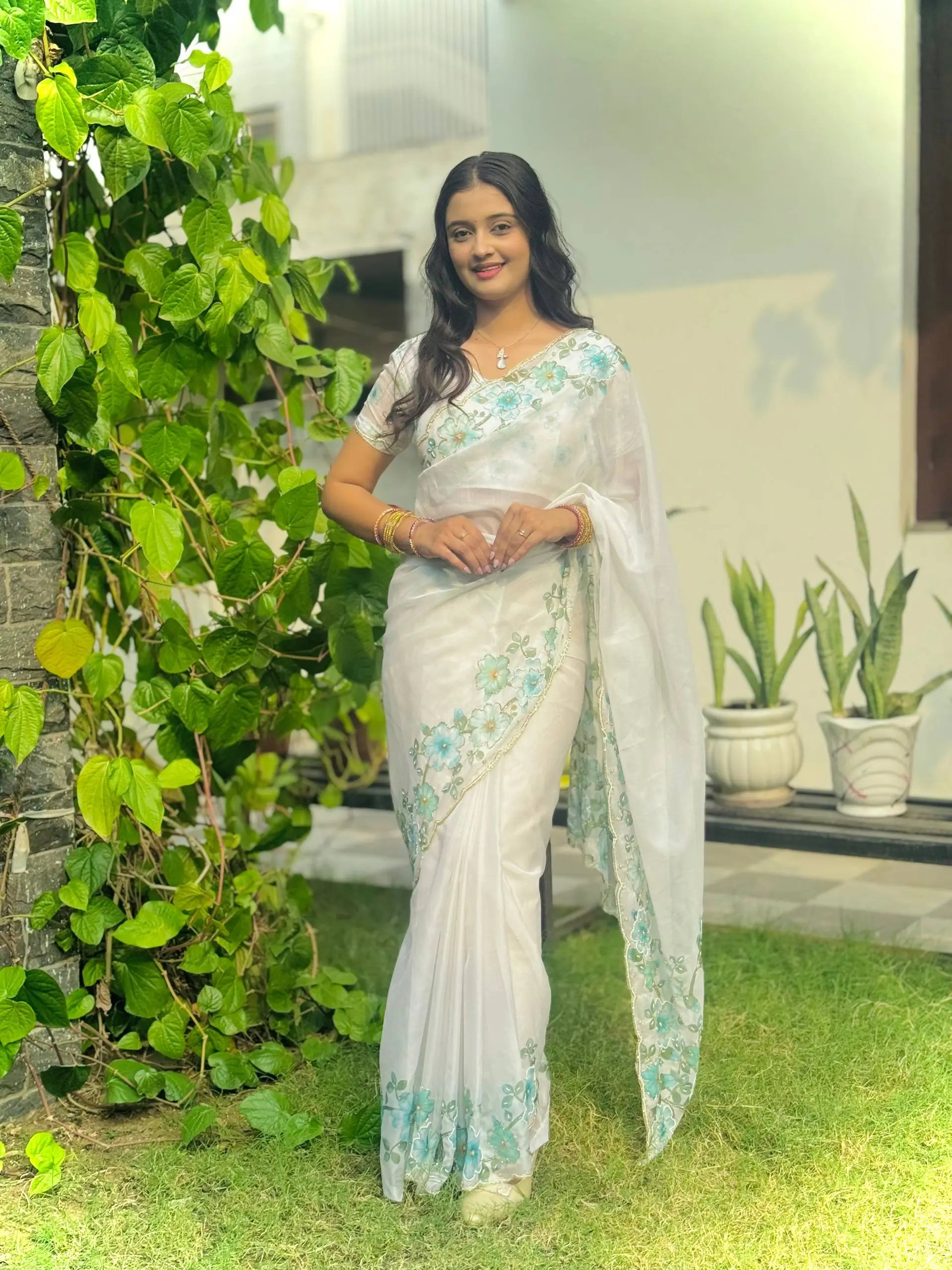 Crystal Organza Floral Embroidered Saree for Wedding and Festive Wear