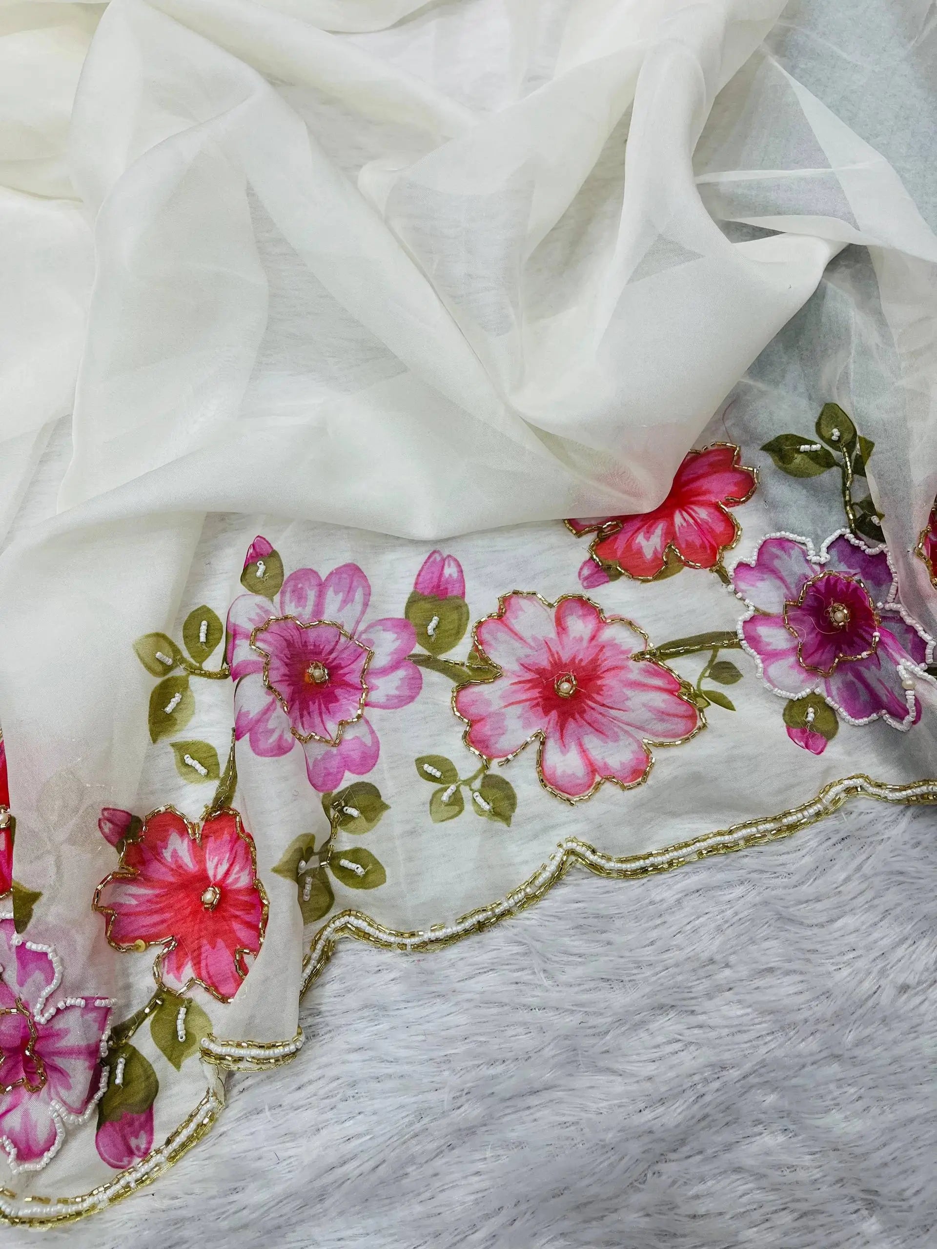 Crystal Organza Floral Embroidered Saree for Wedding and Festive Wear