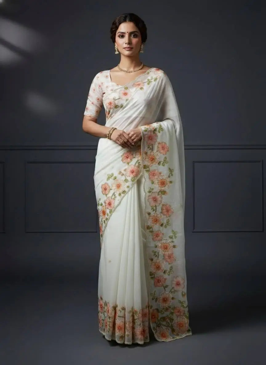 Crystal Organza Floral Embroidered Saree for Wedding and Festive Wear
