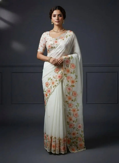 Crystal Organza Floral Embroidered Saree for Wedding and Festive Wear