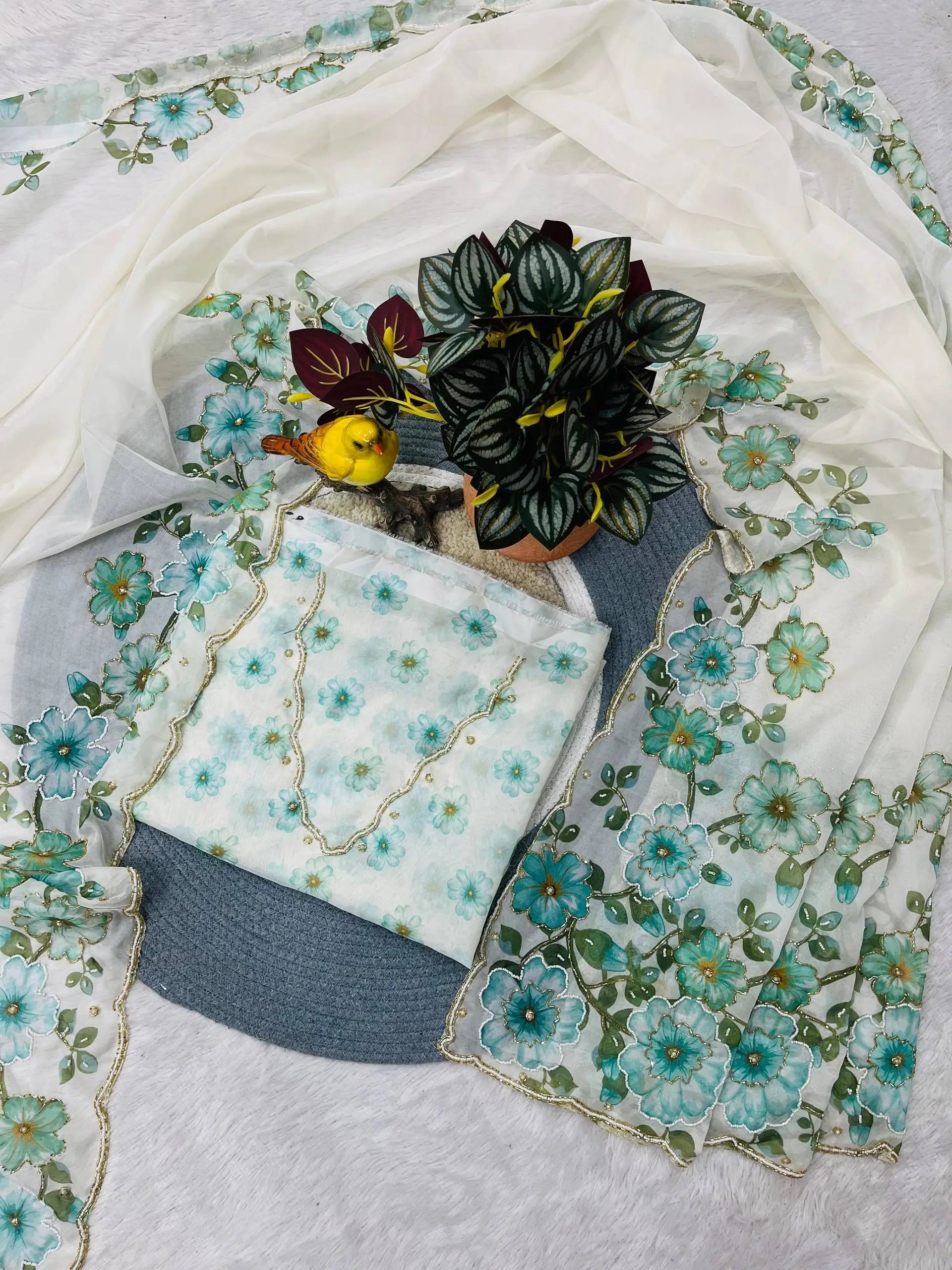 Crystal Organza Floral Embroidered Saree for Wedding and Festive Wear
