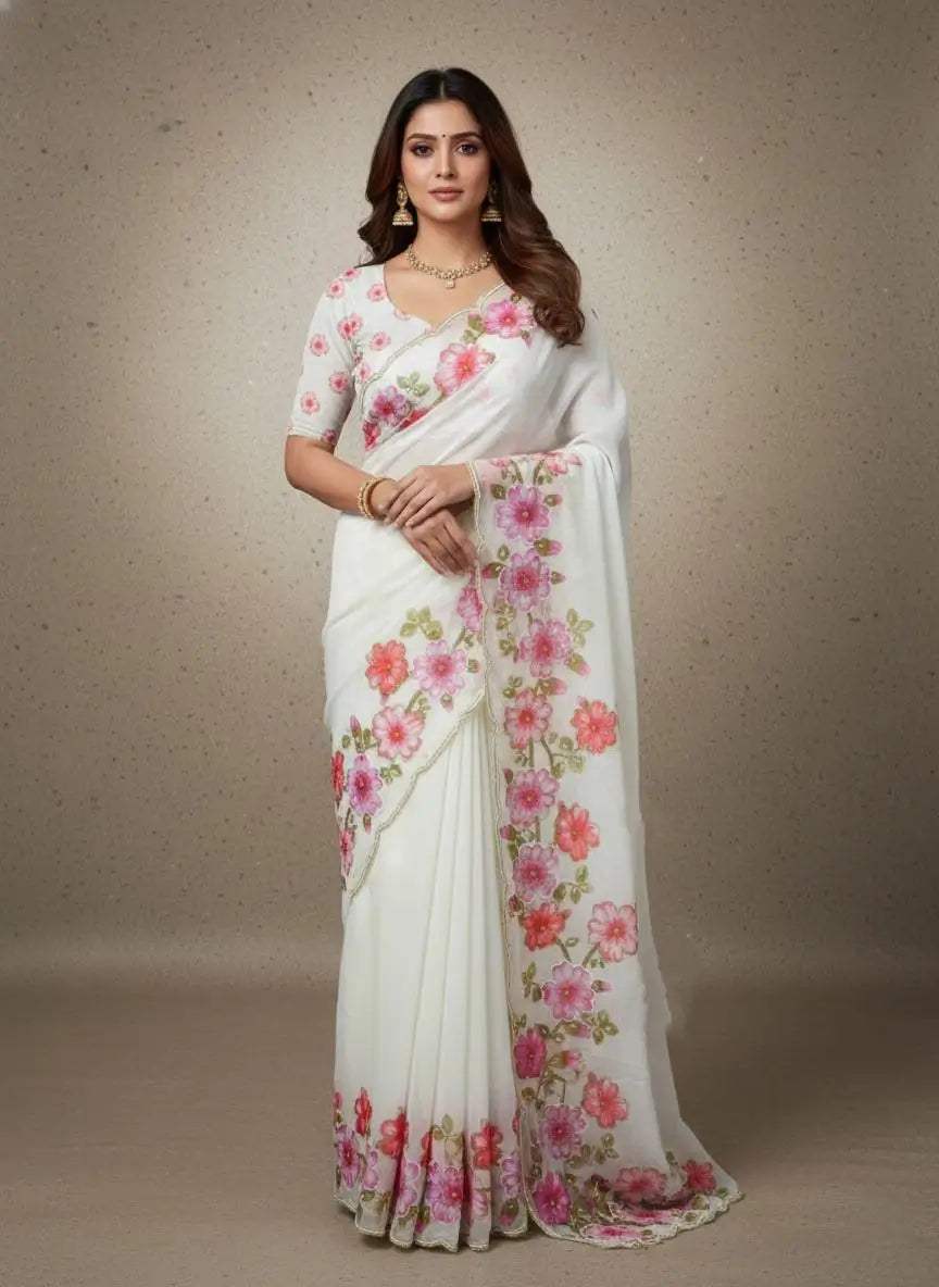 Crystal Organza Floral Embroidered Saree for Wedding and Festive Wear