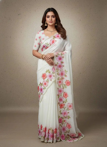 Crystal Organza Floral Embroidered Saree for Wedding and Festive Wear