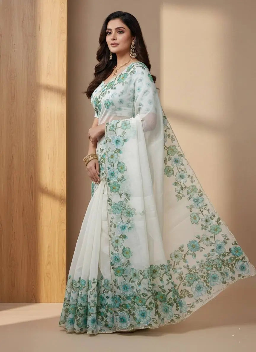 Crystal Organza Floral Embroidered Saree for Wedding and Festive Wear