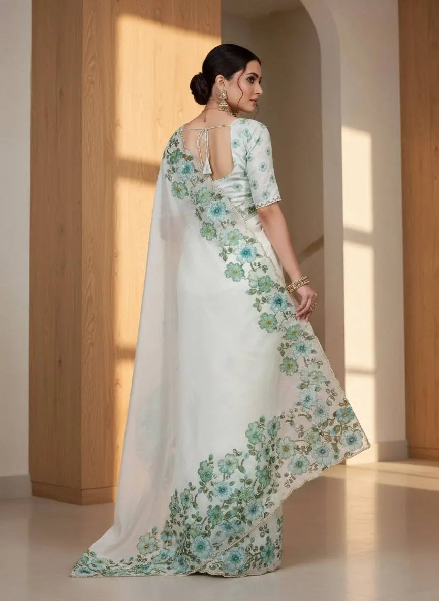 Crystal Organza Floral Embroidered Saree for Wedding and Festive Wear