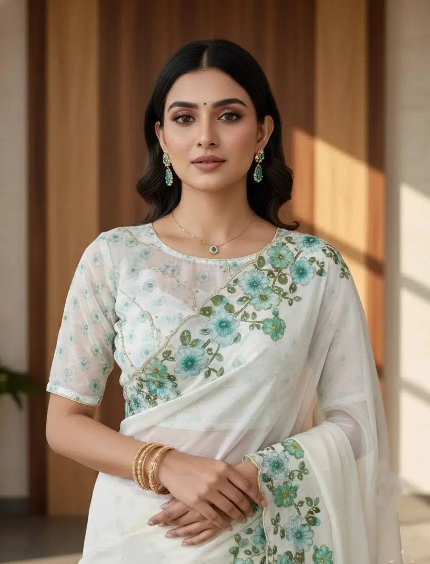 Crystal Organza Floral Embroidered Saree for Wedding and Festive Wear
