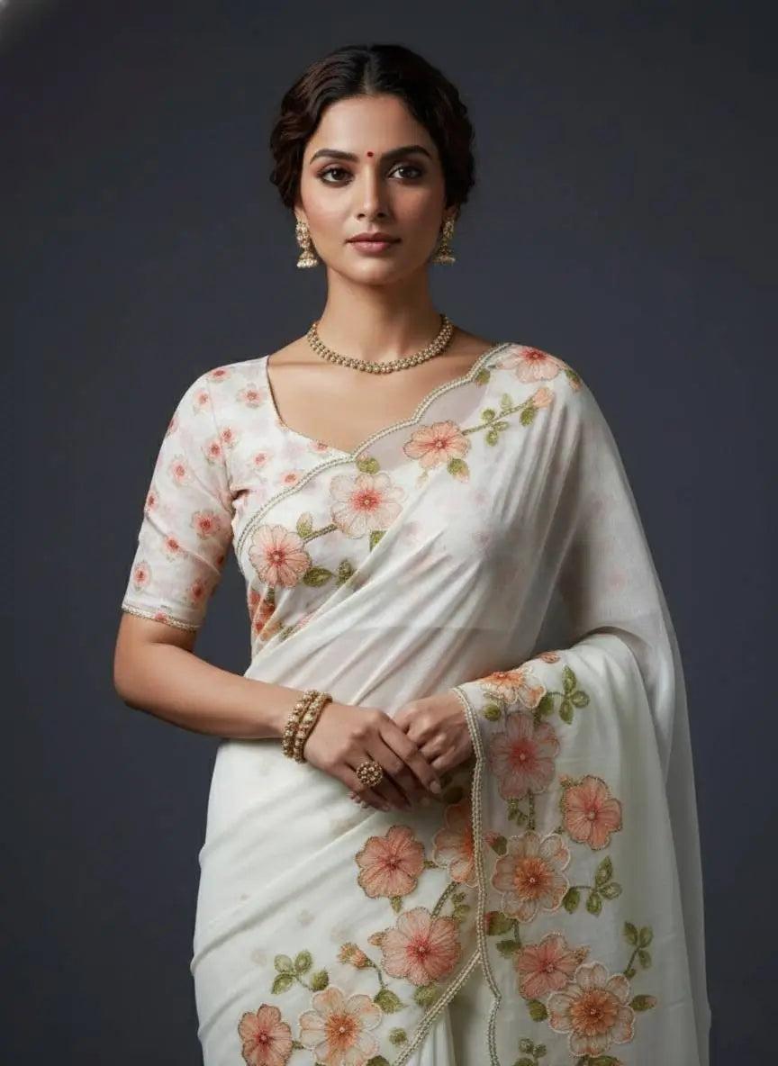 Crystal Organza Floral Embroidered Saree for Wedding and Festive Wear