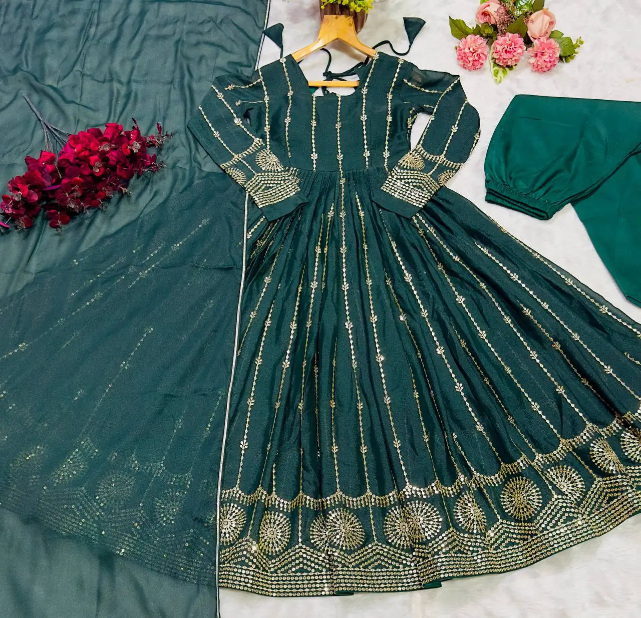 Dark Green Star Georgette Embroidered Anarkali Set with Dupatta