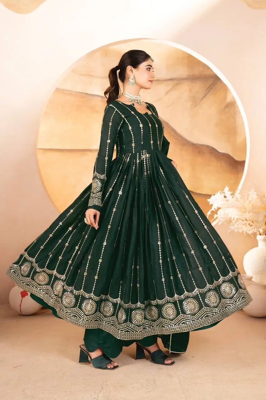 Dark Green Star Georgette Embroidered Anarkali Set with Dupatta