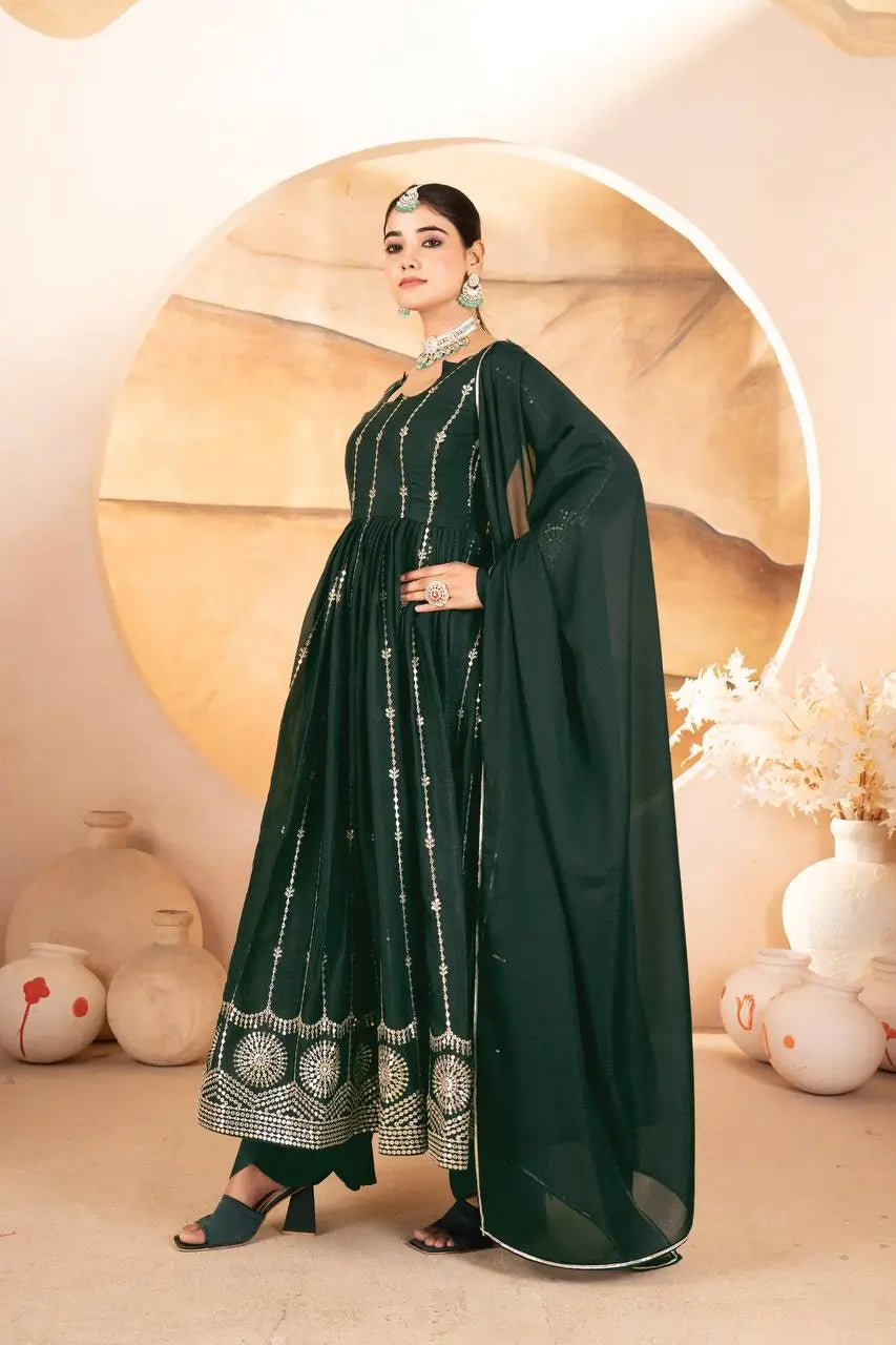 Dark Green Star Georgette Embroidered Anarkali Set with Dupatta