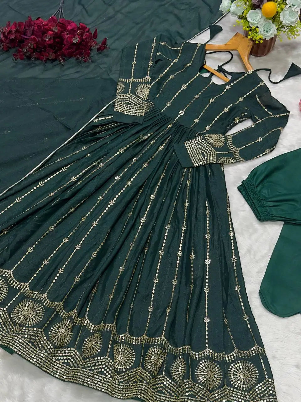 Dark Green Star Georgette Embroidered Anarkali Set with Dupatta