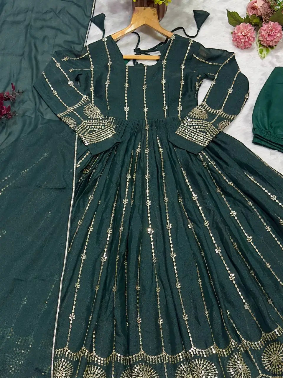 Dark Green Star Georgette Embroidered Anarkali Set with Dupatta