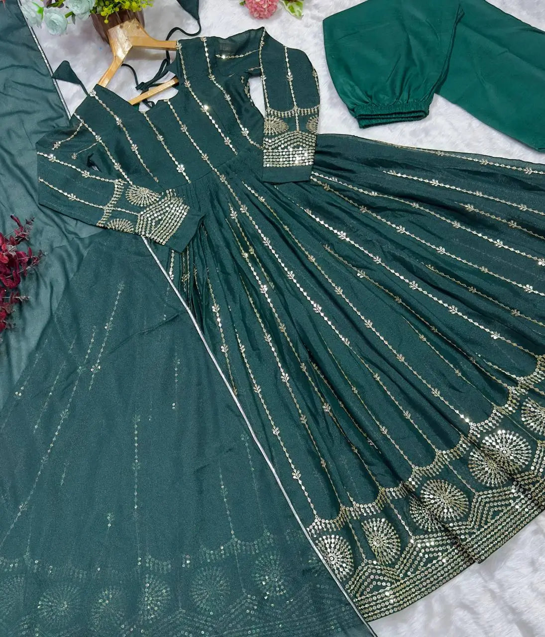 Dark Green Star Georgette Embroidered Anarkali Set with Dupatta