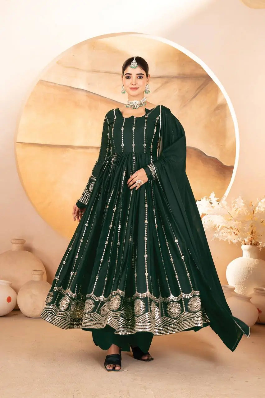 Dark Green Star Georgette Embroidered Anarkali Set with Dupatta