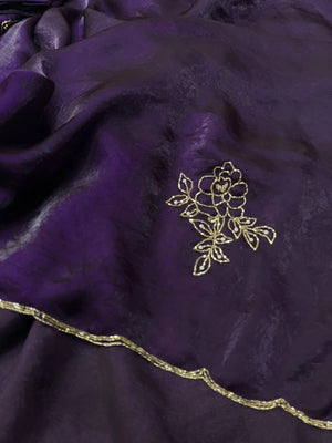 Deep Purple Pure Fandy Satin Silk Saree with Floral Pearl & Pipe Embellishment | Party Wear Saree