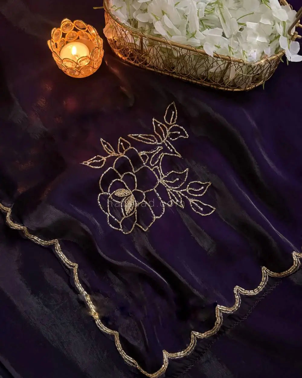 Deep Purple Pure Fandy Satin Silk Saree with Floral Pearl & Pipe Embellishment | Party Wear Saree