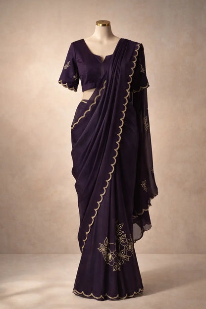Deep Purple Pure Fandy Satin Silk Saree with Floral Pearl & Pipe Embellishment | Party Wear Saree