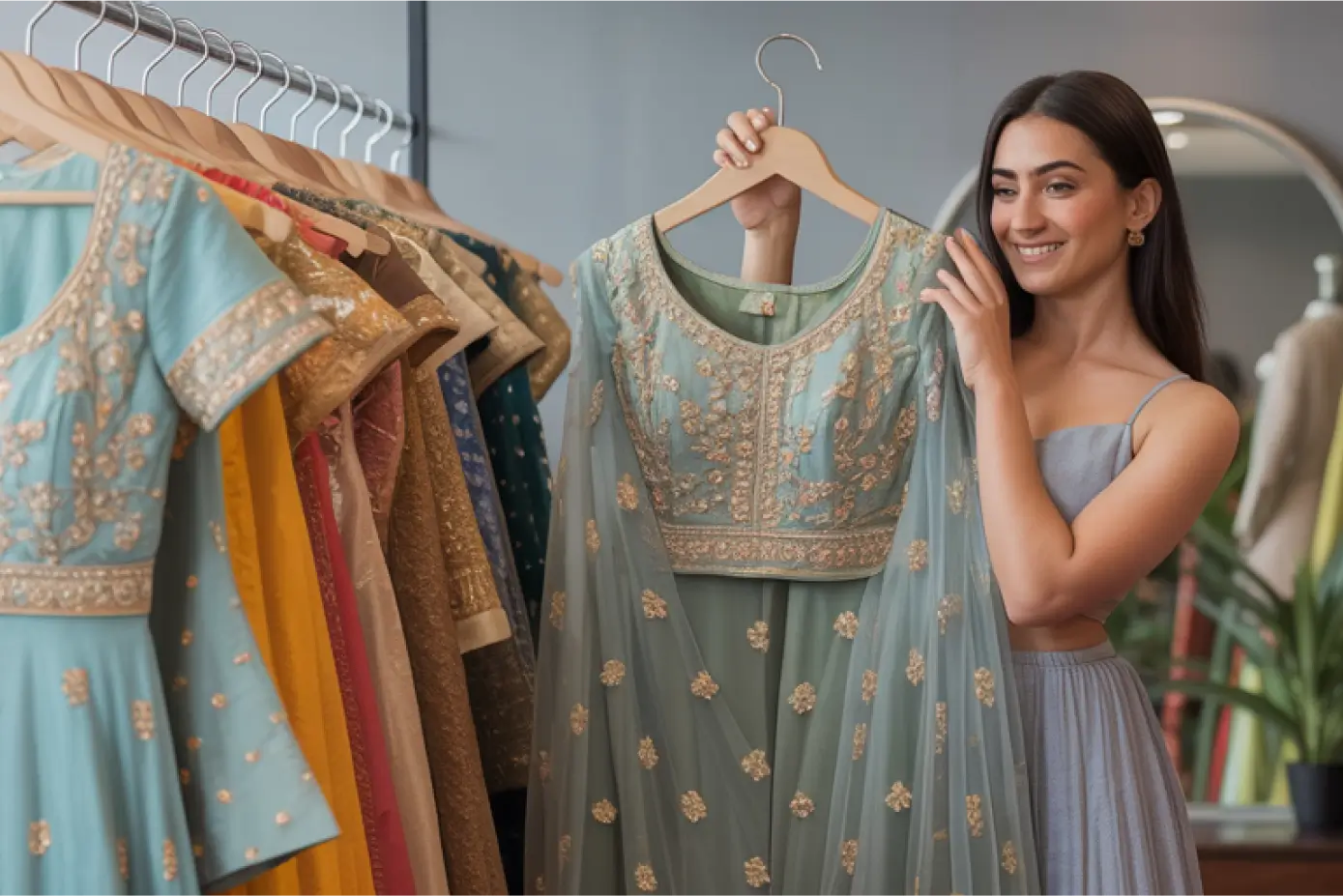 Woman holding a embroidered traditional outfit in front of a rack of dresses.