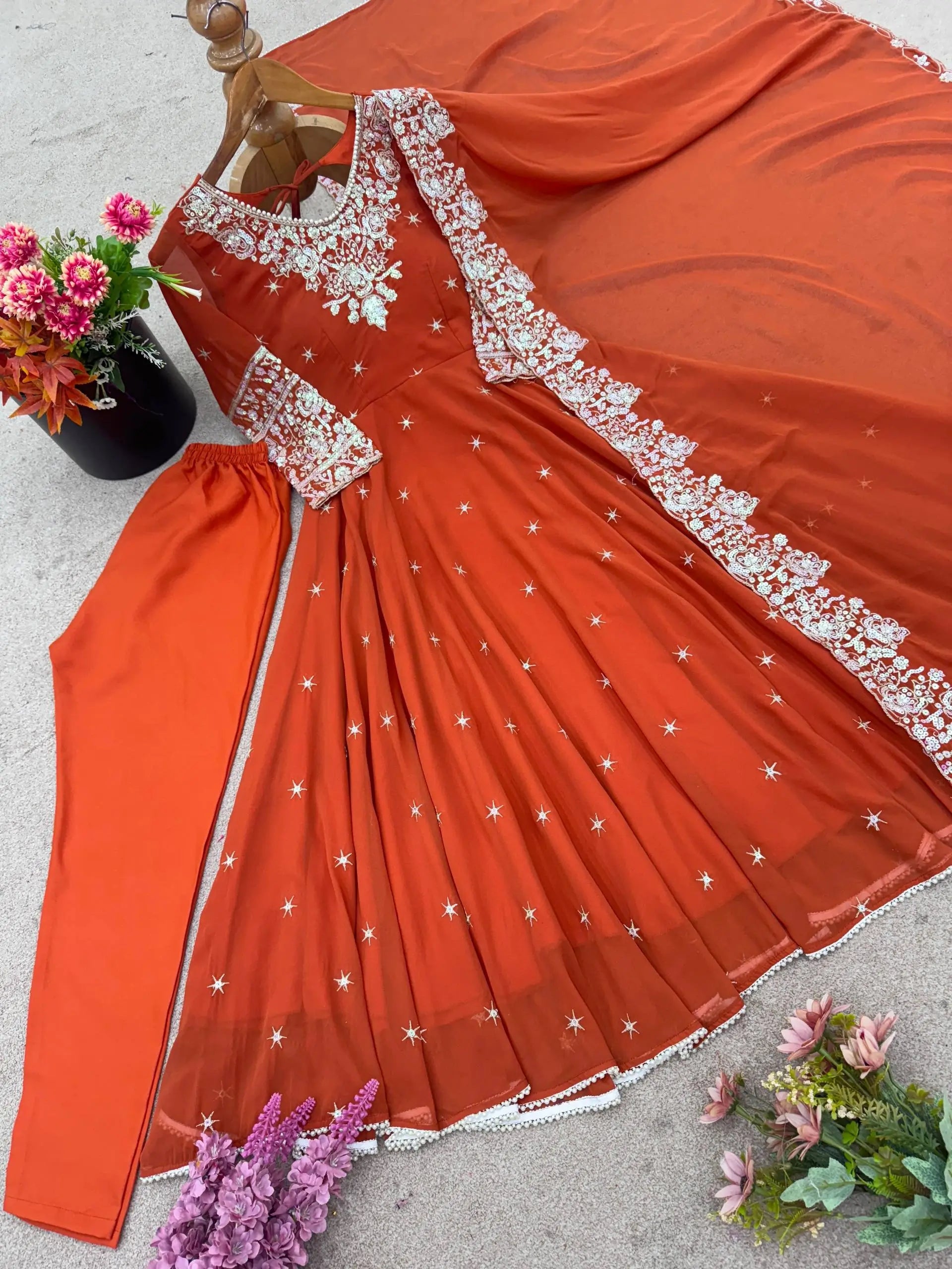 Designer Blooming Faux Embroidered Anarkali Gown Set