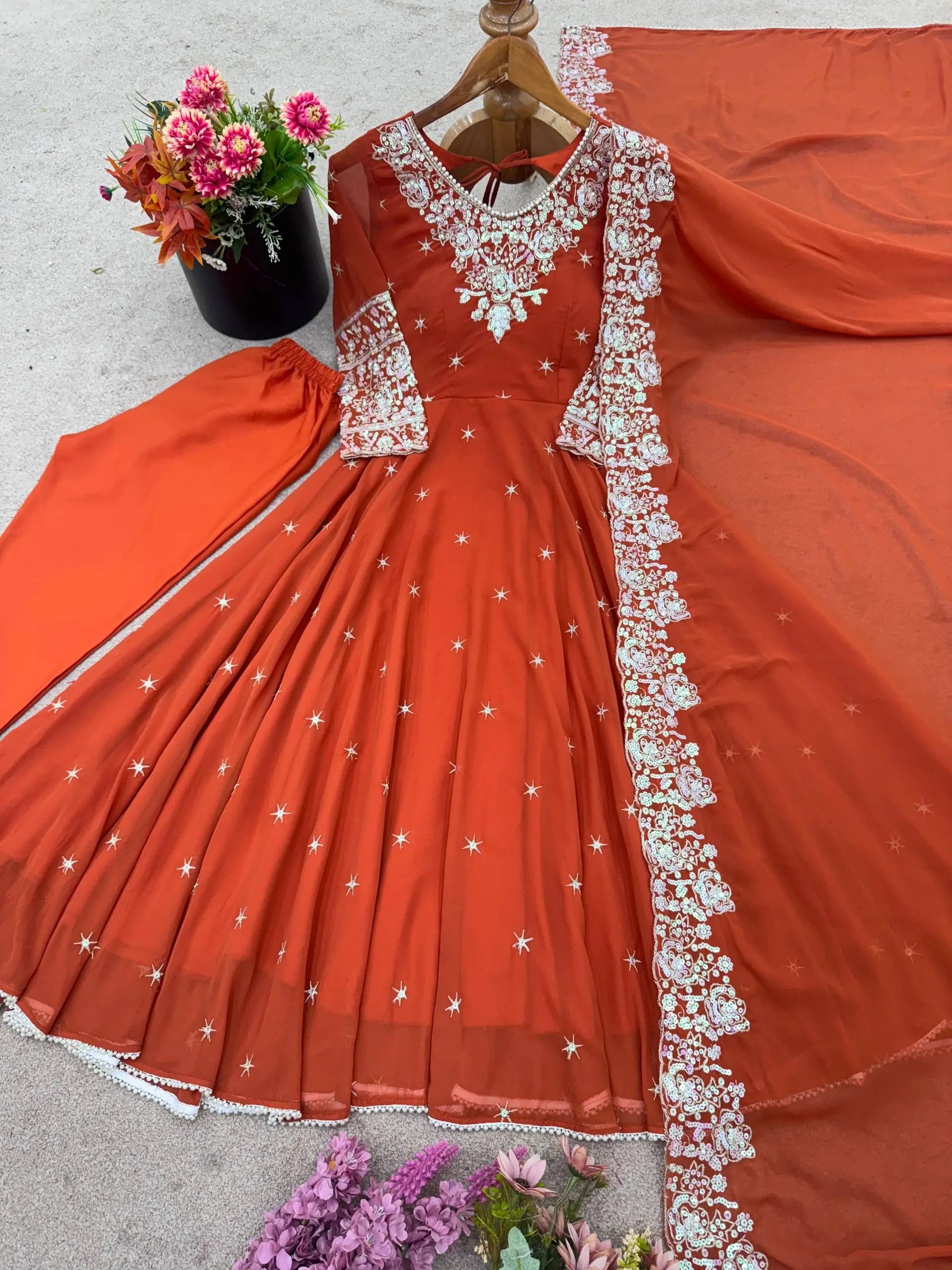Designer Blooming Faux Embroidered Anarkali Gown Set