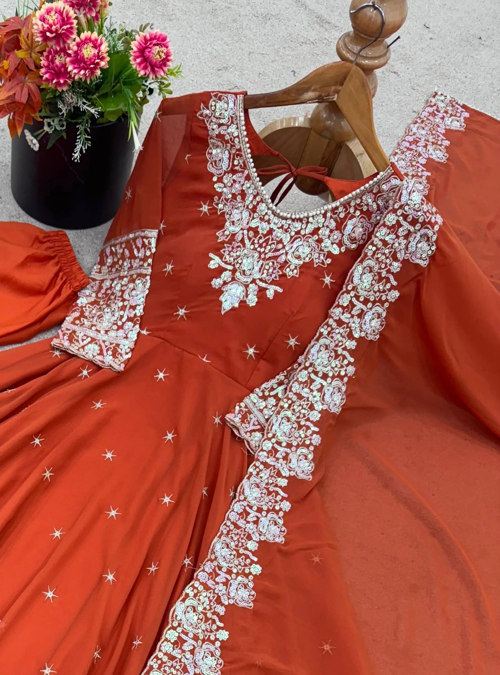 Designer Blooming Faux Embroidered Anarkali Gown Set