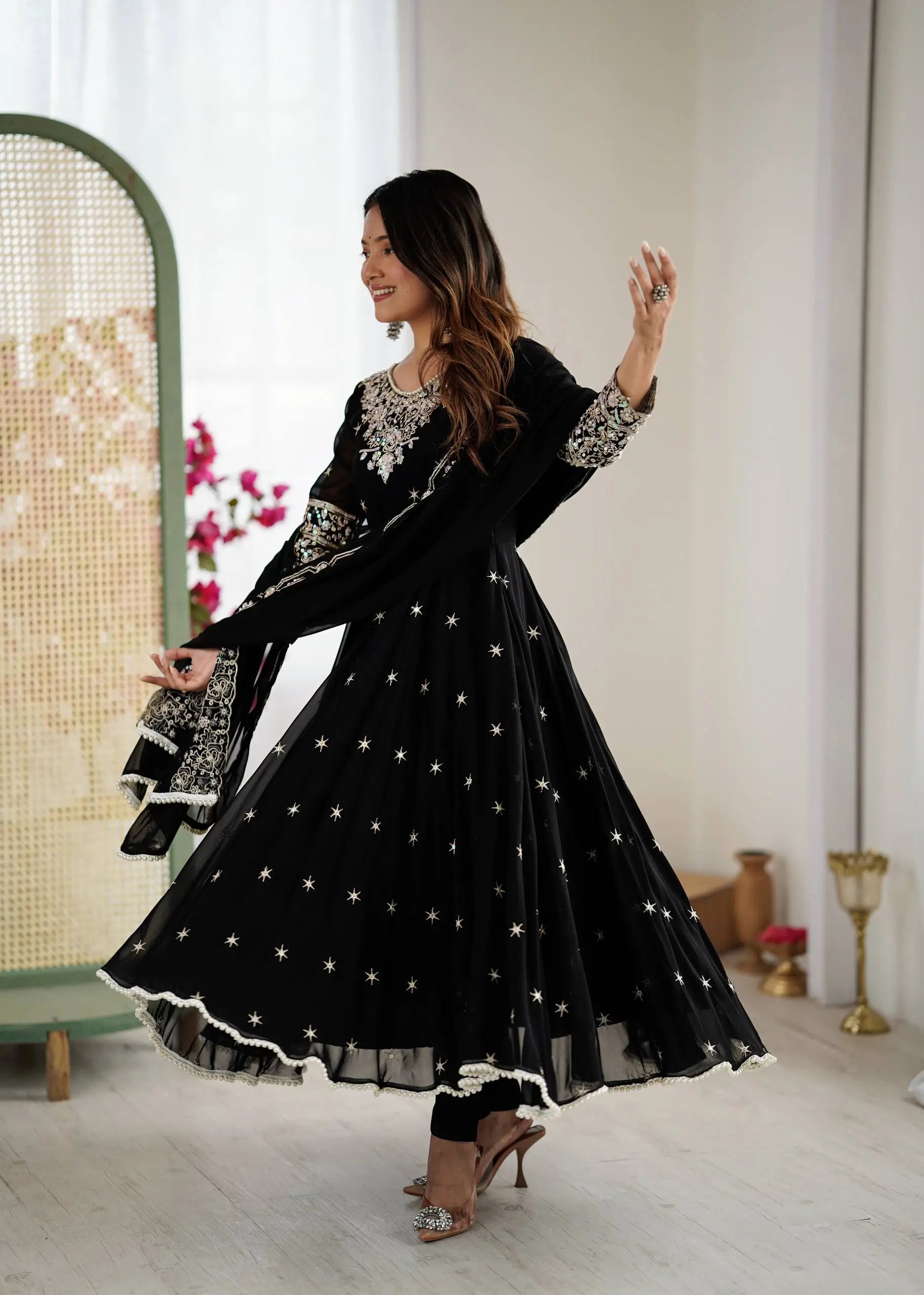 Designer Blooming Faux Embroidered Anarkali Gown Set