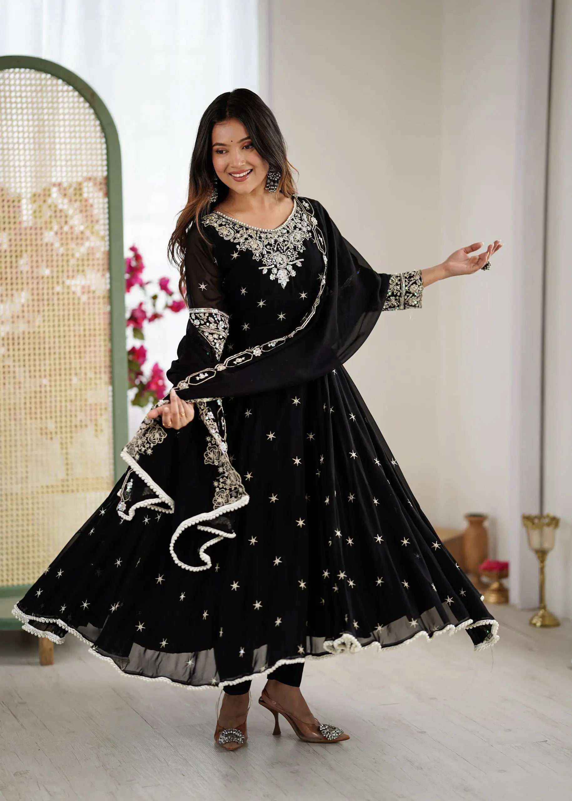 Designer Blooming Faux Embroidered Anarkali Gown Set