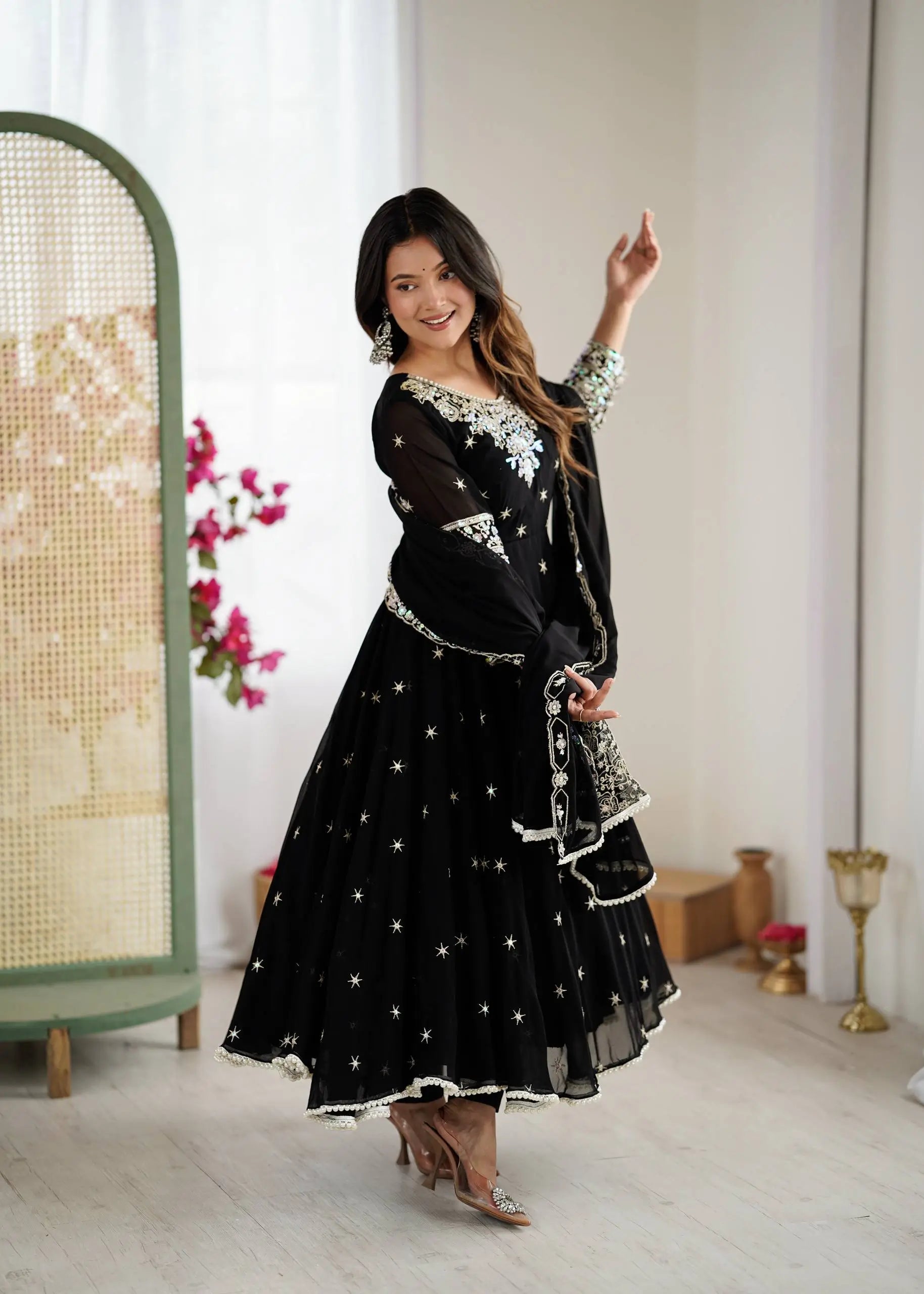 Designer Blooming Faux Embroidered Anarkali Gown Set