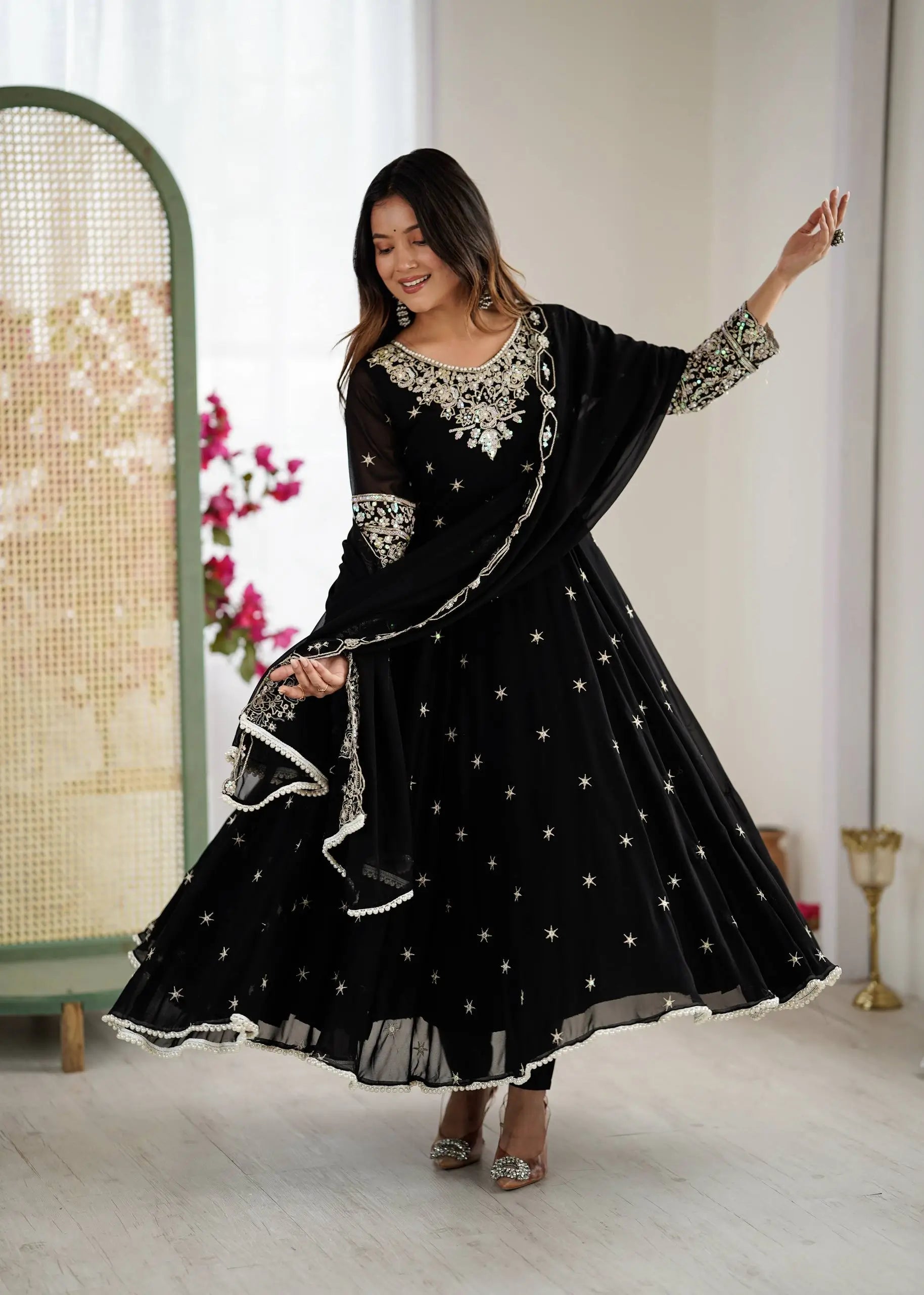 Designer Blooming Faux Embroidered Anarkali Gown Set