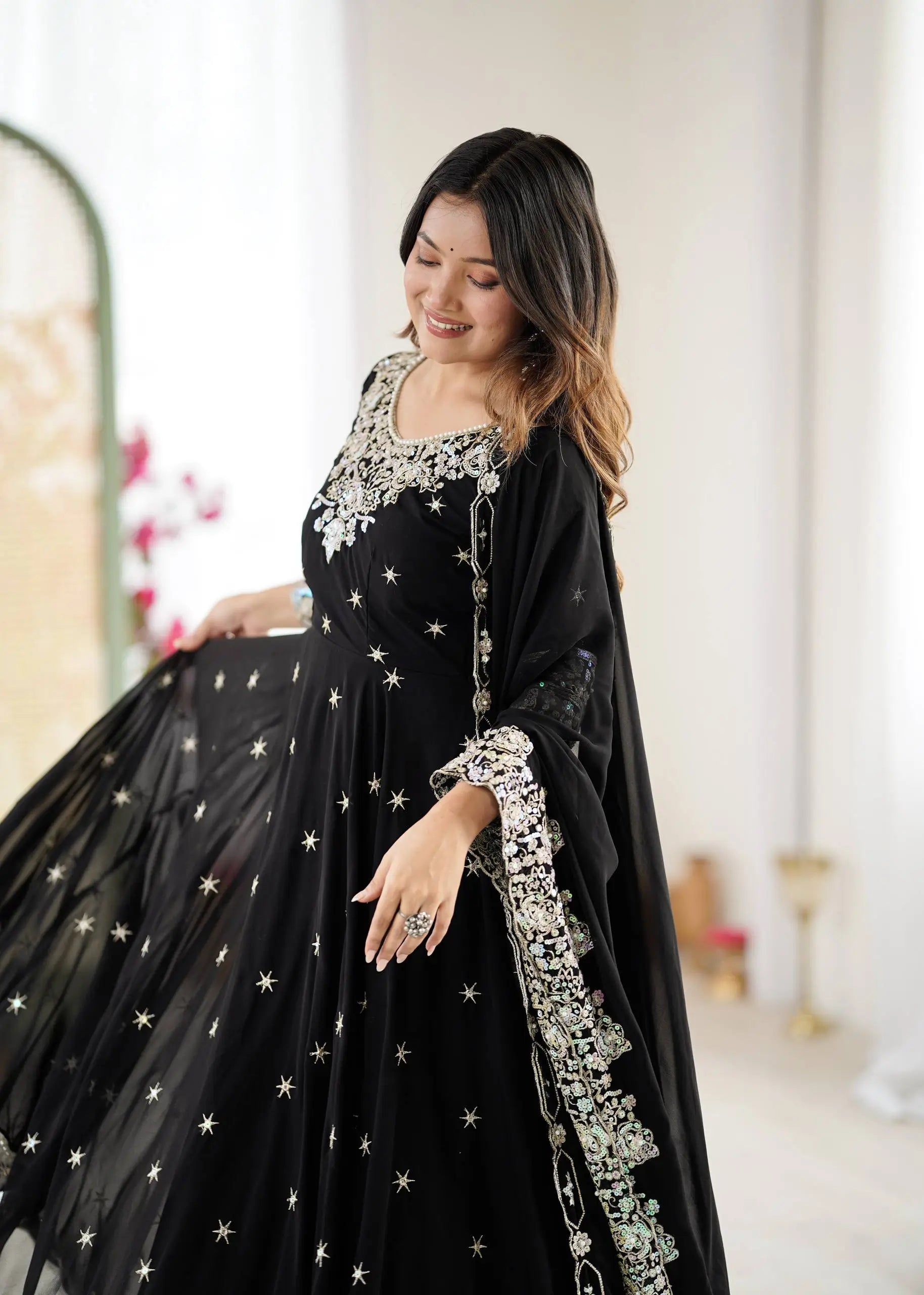 Designer Blooming Faux Embroidered Anarkali Gown Set