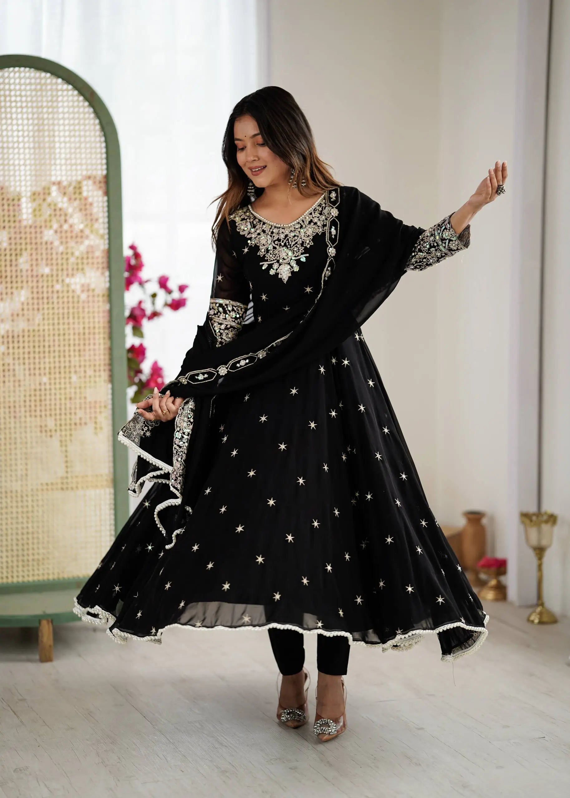 Designer Blooming Faux Embroidered Anarkali Gown Set