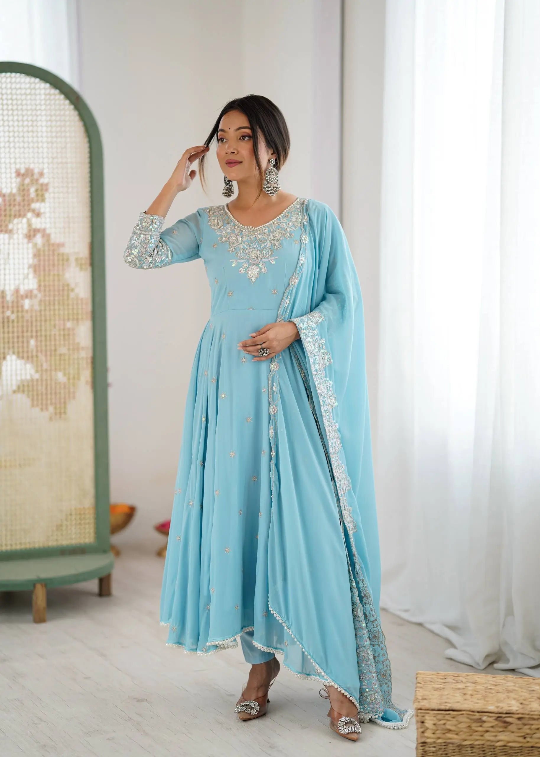 Designer Blooming Faux Embroidered Anarkali Gown Set