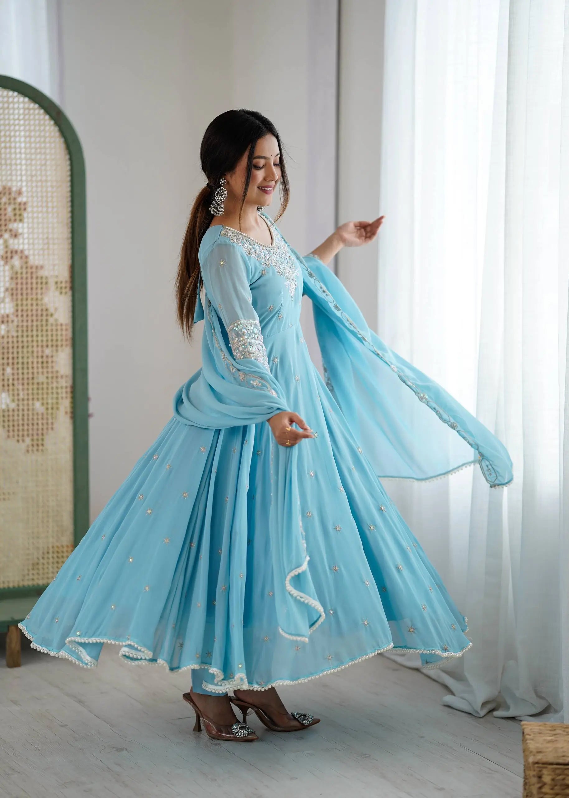 Designer Blooming Faux Embroidered Anarkali Gown Set