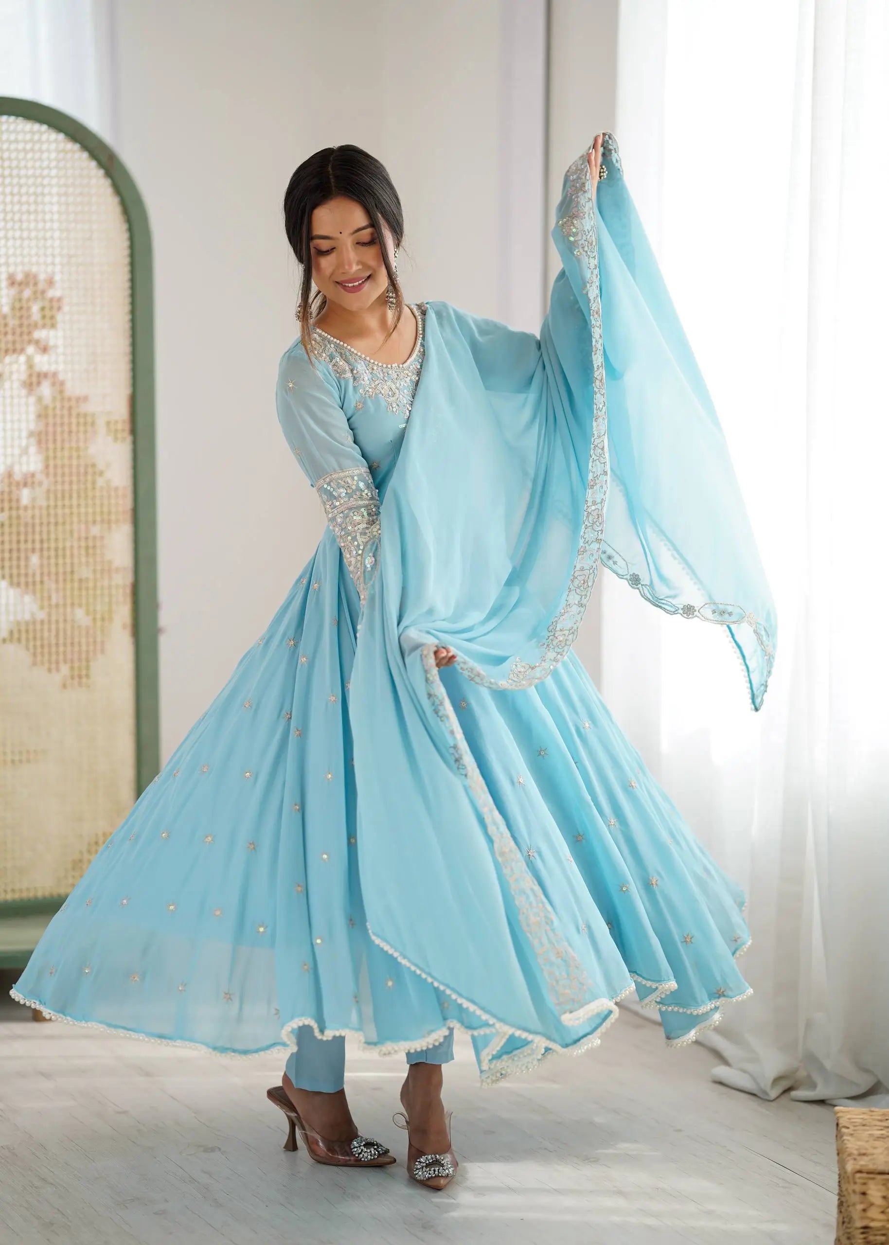 Designer Blooming Faux Embroidered Anarkali Gown Set