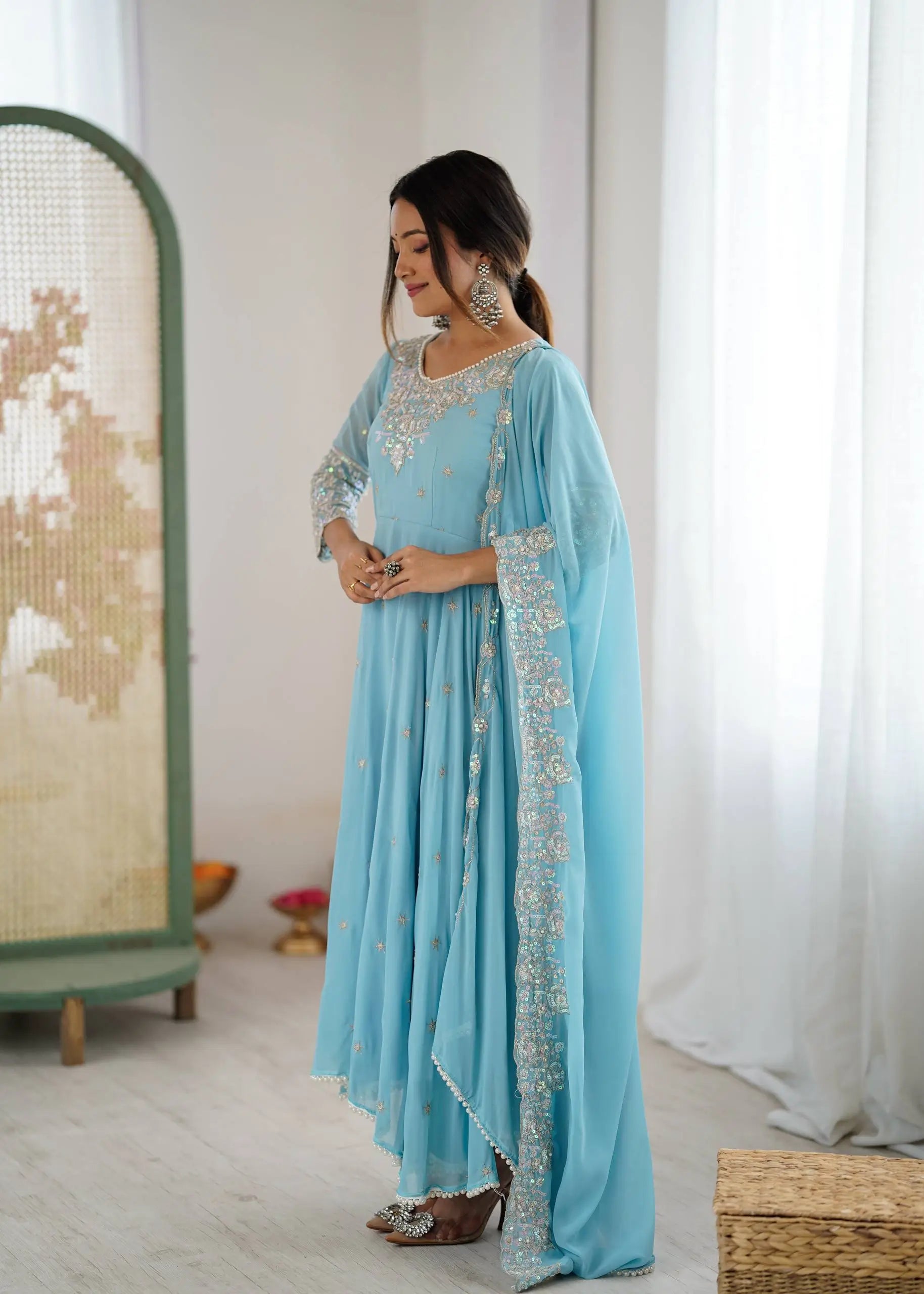 Designer Blooming Faux Embroidered Anarkali Gown Set