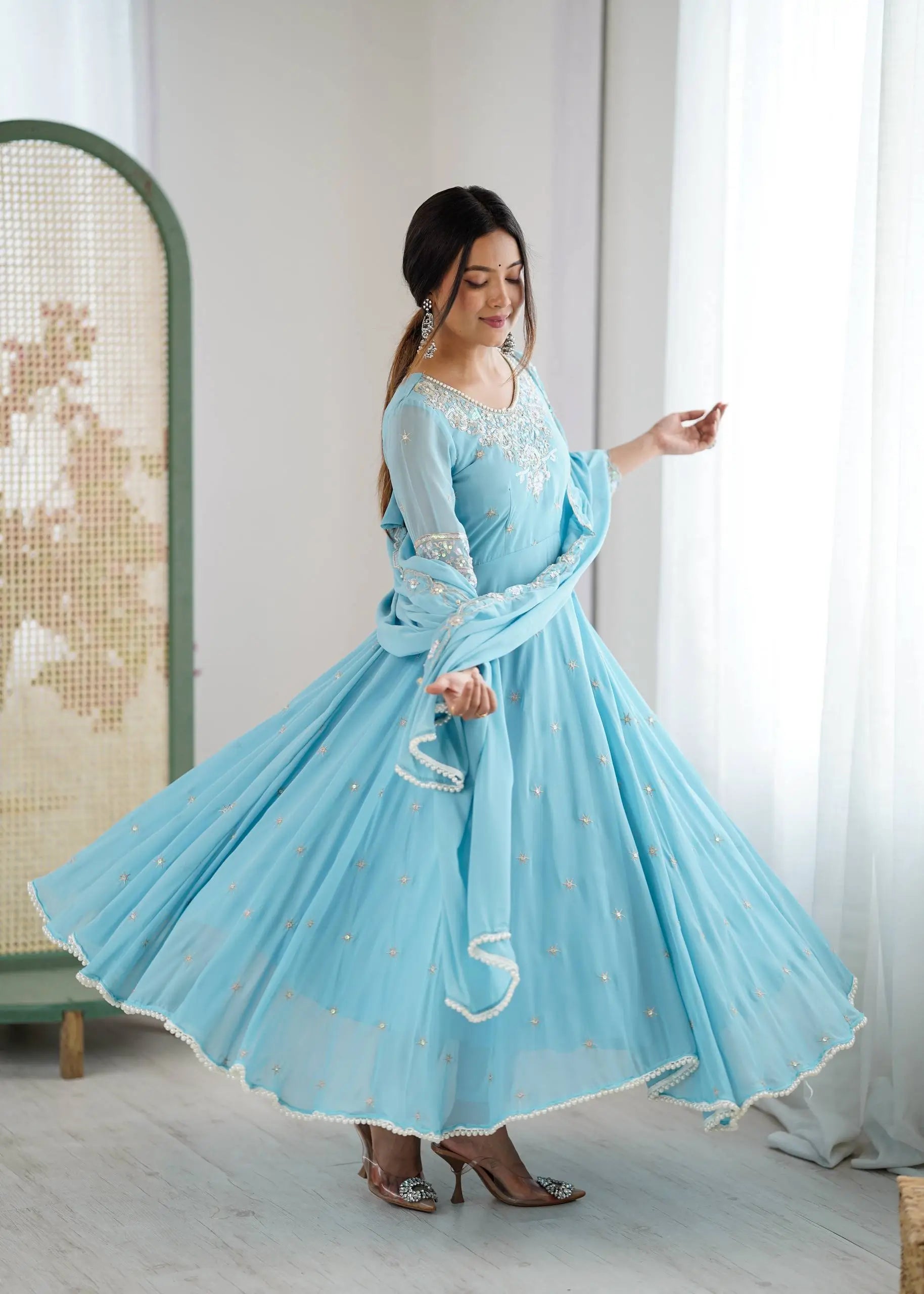 Designer Blooming Faux Embroidered Anarkali Gown Set
