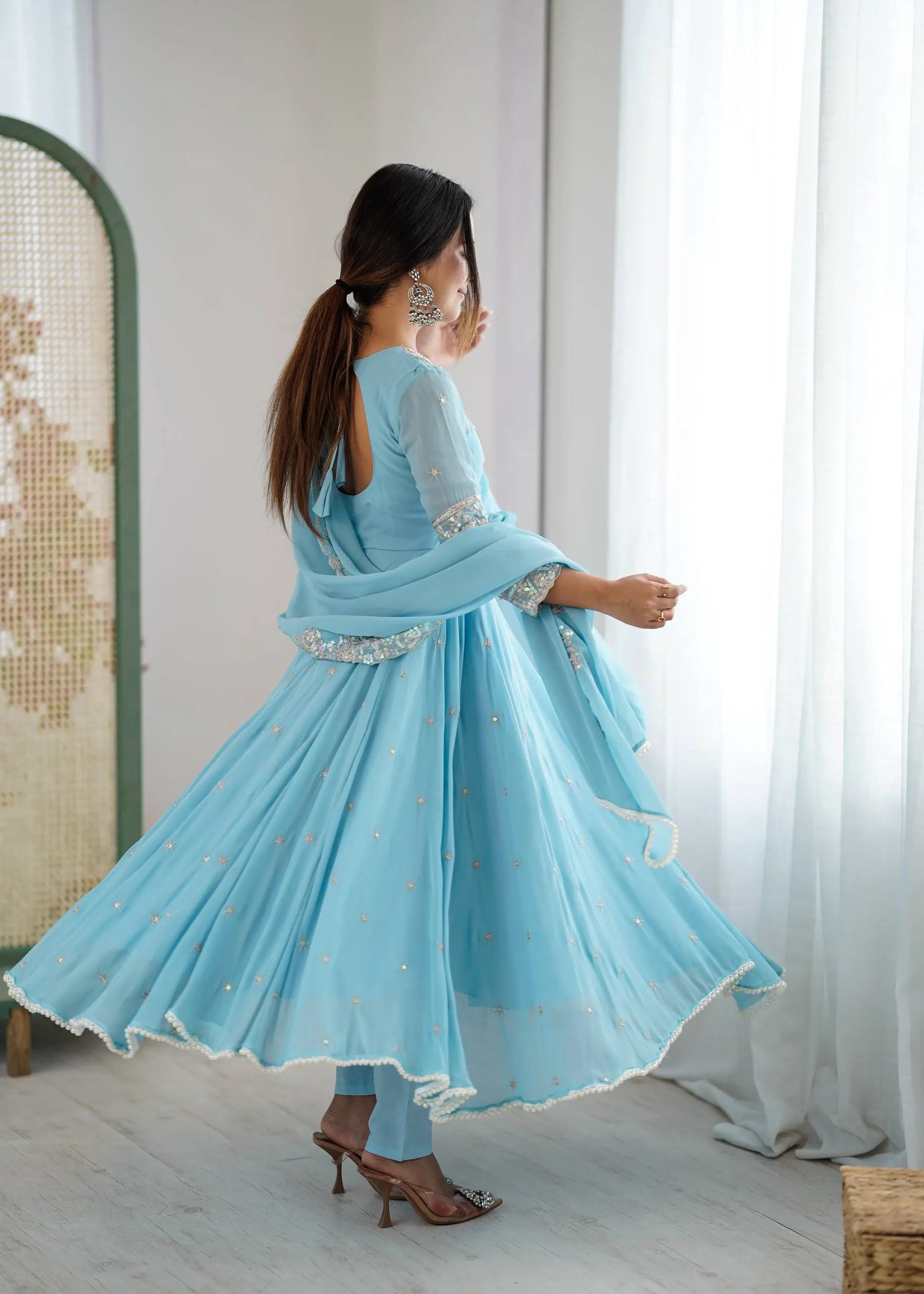 Designer Blooming Faux Embroidered Anarkali Gown Set