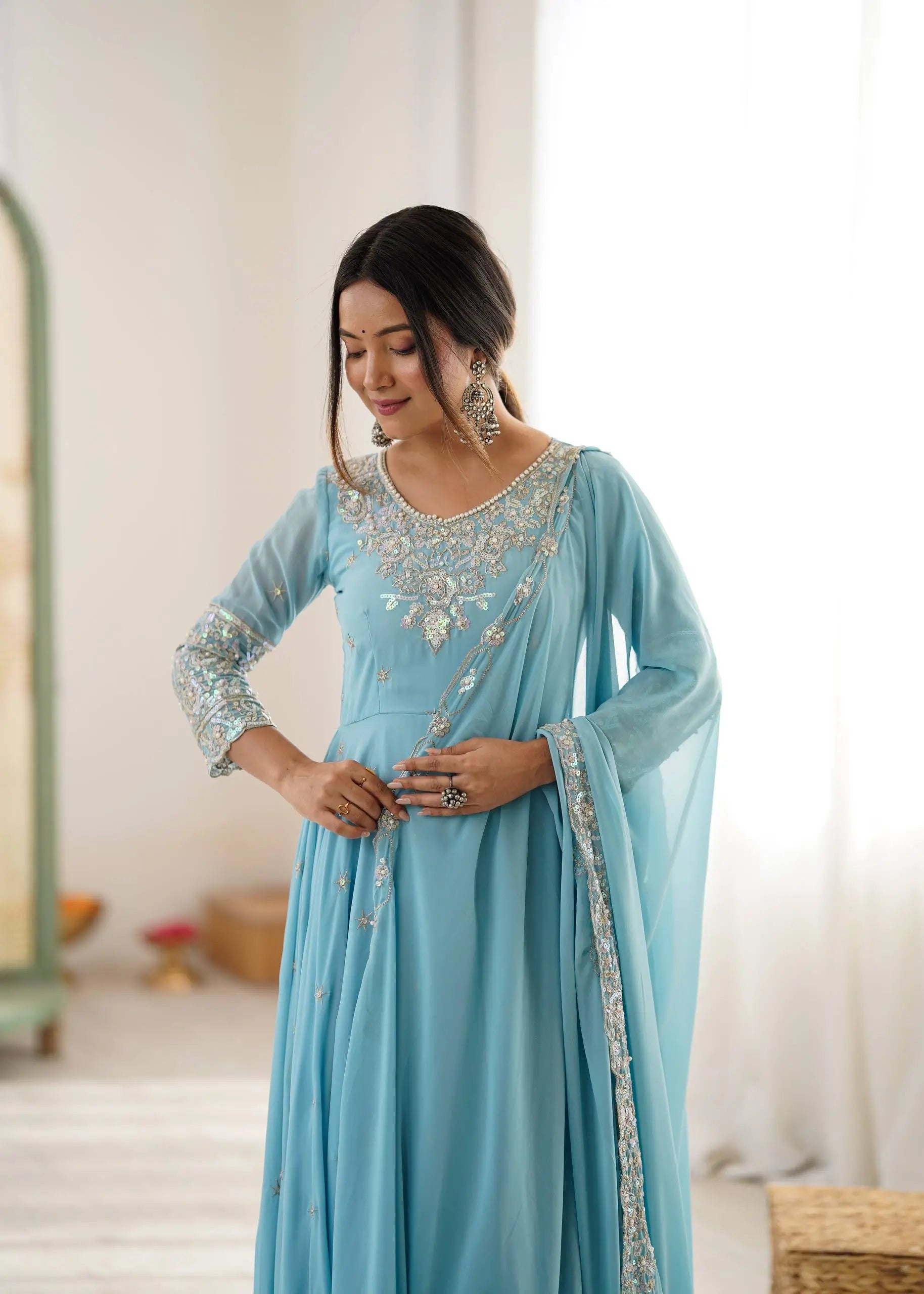 Designer Blooming Faux Embroidered Anarkali Gown Set