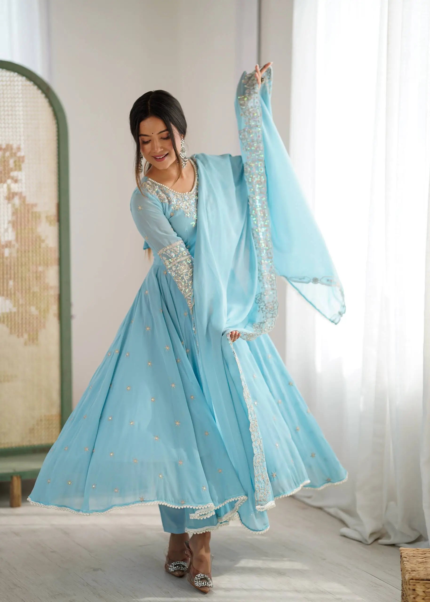 Designer Blooming Faux Embroidered Anarkali Gown Set